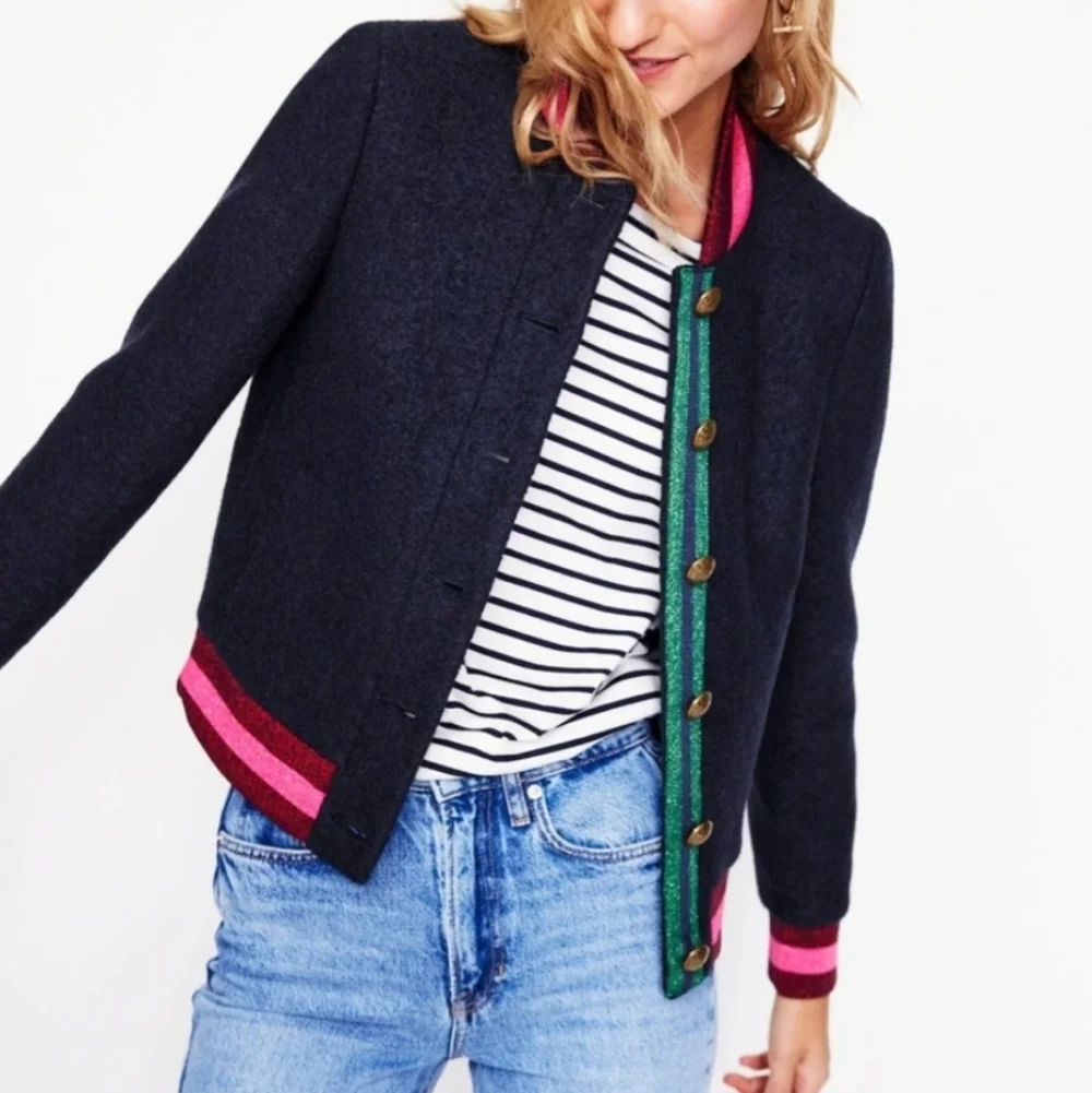 Boden Navy Boiled Wool Blend Bomber Jacket Sz 16 Preppy Academia Back To School - Picture 2 of 14